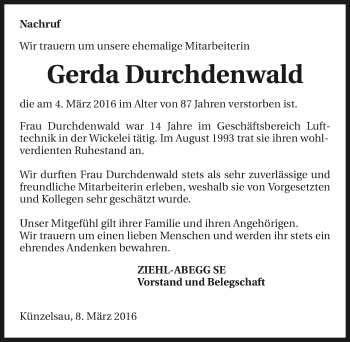Traueranzeige von Gerda Durchdenwald 