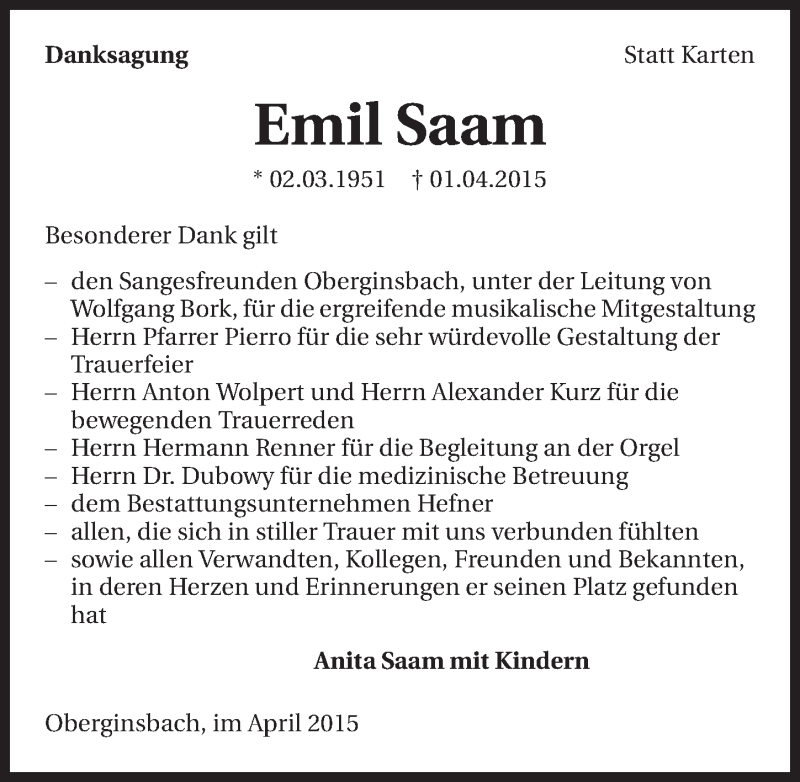  Traueranzeige für Emil Saam vom 15.04.2015 aus 