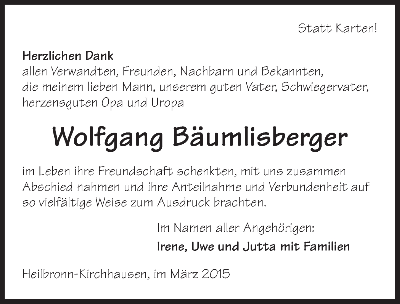  Traueranzeige für Wolfgang Bäumlisberger vom 14.03.2015 aus 