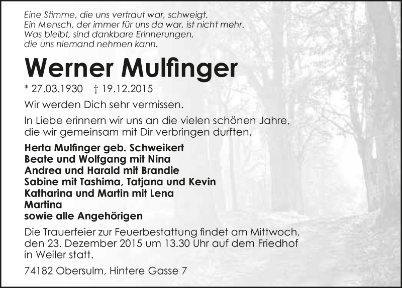  Traueranzeige für Werner Mulfinger vom 22.12.2015 aus 