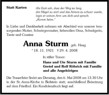 Traueranzeige von Anna Sturm 