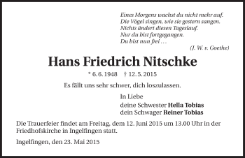 Traueranzeige von Hans Friedrich Nitschke 