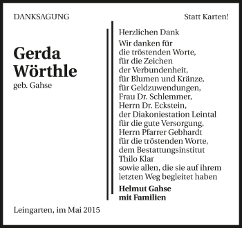 Traueranzeige von Gerda Wörthle 