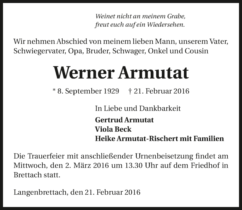  Traueranzeige für Werner Armutat vom 29.02.2016 aus 