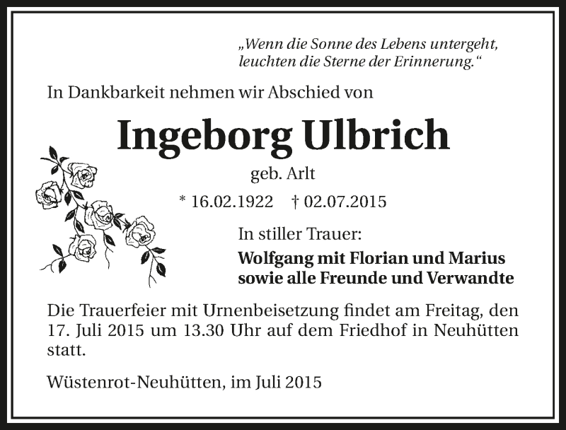  Traueranzeige für Ingeborg Ulbrich vom 14.07.2015 aus 
