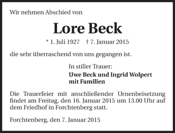 Traueranzeige von Lore Beck 