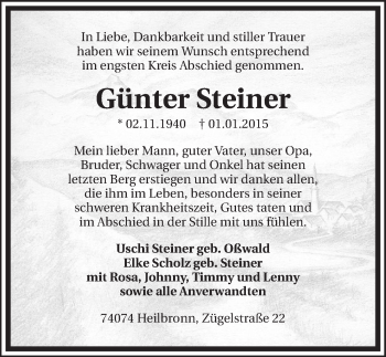 Traueranzeige von Günter Steiner 