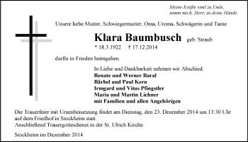 Traueranzeige von Klara Baumbusch 