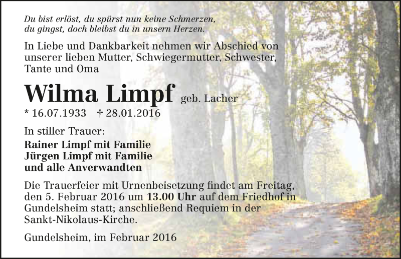  Traueranzeige für Wilma Limpf vom 03.02.2016 aus 