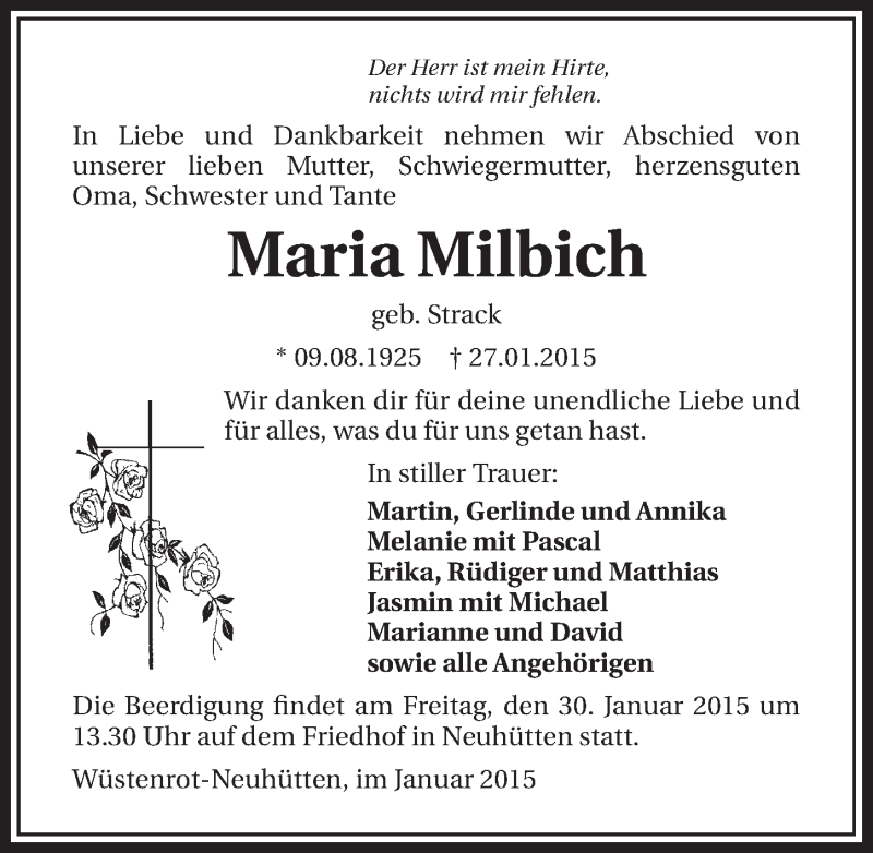  Traueranzeige für Maria Milbich vom 29.01.2015 aus 