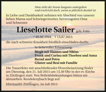 Traueranzeige von Lieselotte Sailer 