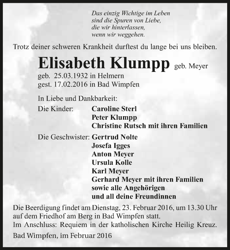  Traueranzeige für Elisabeth Klumpp vom 20.02.2016 aus 