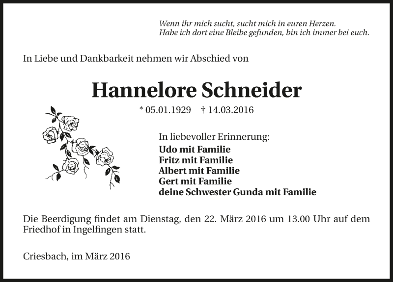  Traueranzeige für Hannelore Schneider vom 19.03.2016 aus 