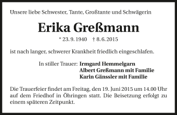 Traueranzeige von Erika Greßmann 