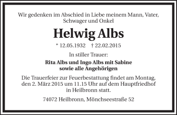 Traueranzeige von Helwig Albs 