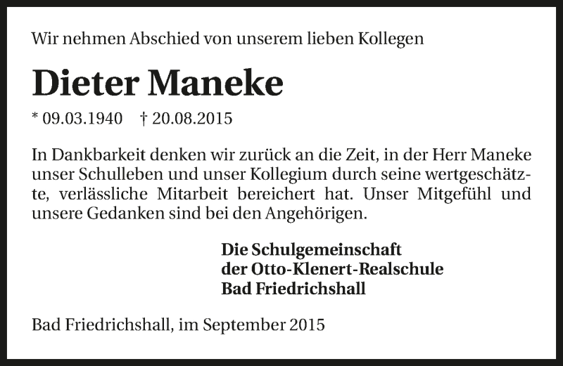  Traueranzeige für Dieter Maneke vom 08.09.2015 aus 