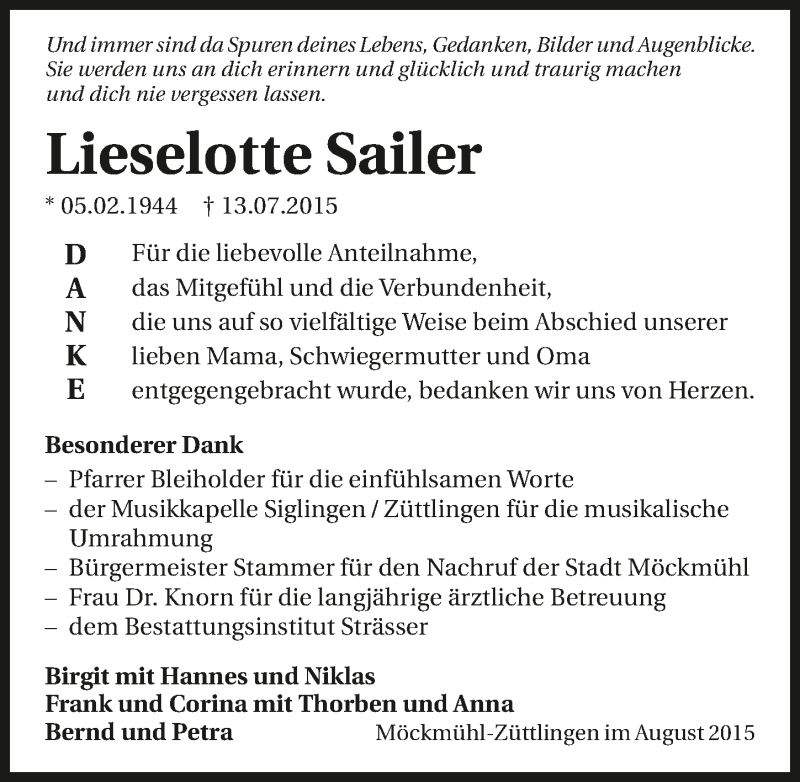  Traueranzeige für Lieselotte Sailer vom 01.08.2015 aus 