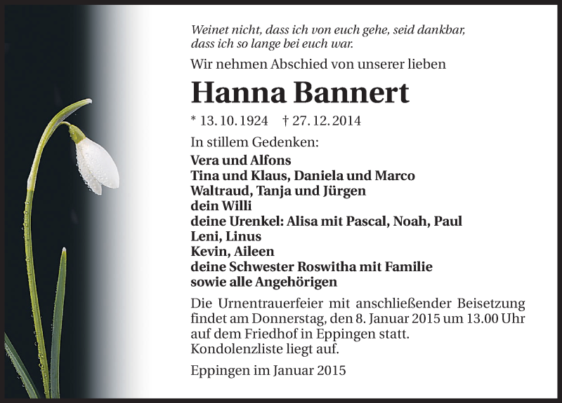  Traueranzeige für Hanna Bannert vom 03.01.2015 aus 