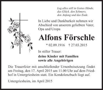 Traueranzeige von Alfons Förschle 