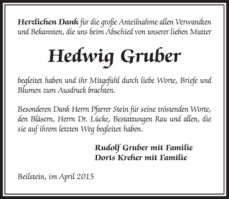  Traueranzeige für Hedwig Gruber vom 21.04.2015 aus 