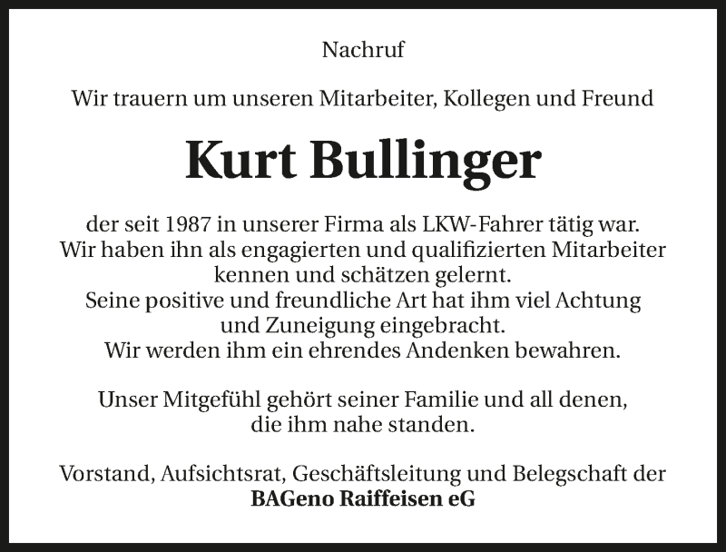  Traueranzeige für Kurt Bullinger vom 16.03.2016 aus 