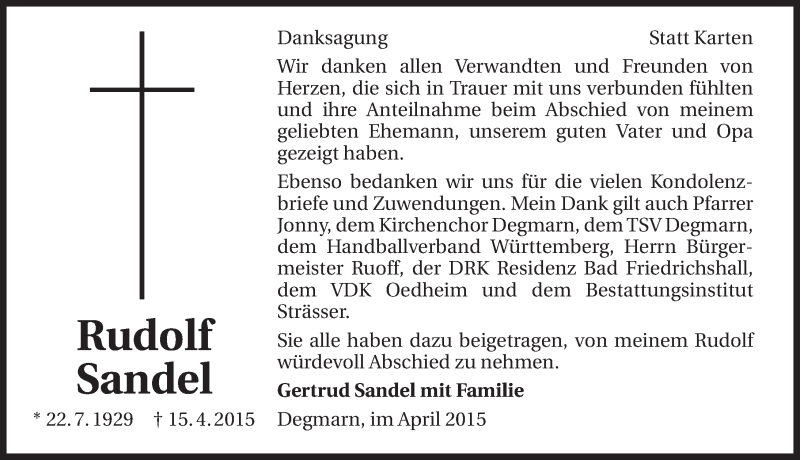  Traueranzeige für Rudolf Sandel vom 02.05.2015 aus 