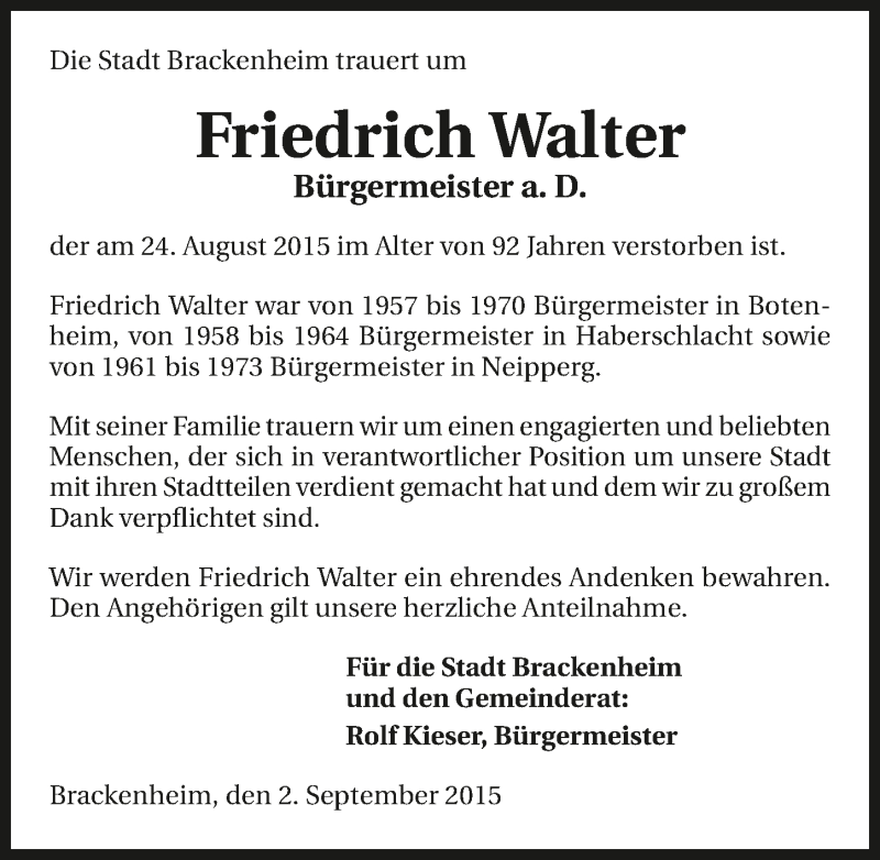  Traueranzeige für Friedrich Walter vom 02.09.2015 aus 