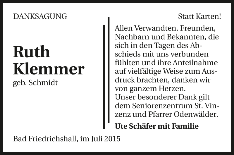  Traueranzeige für Ruth Klemmer vom 11.07.2015 aus 