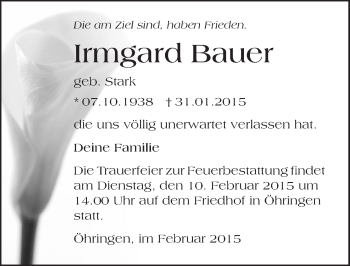 Traueranzeige von Irmgard Bauer 