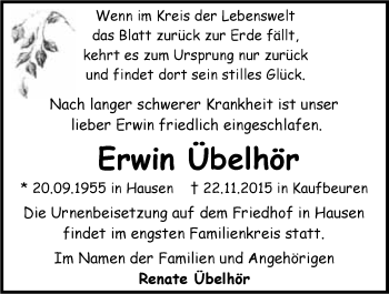 Traueranzeige von Erwin Übelhör 