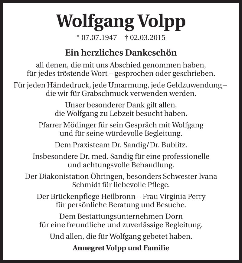  Traueranzeige für Wolfgang Volpp vom 21.03.2015 aus 