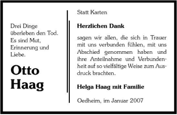 Traueranzeige von Otto Haag 