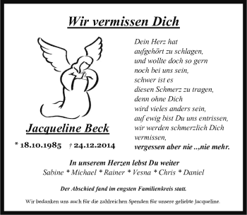 Traueranzeige von Jacqueline Beck 