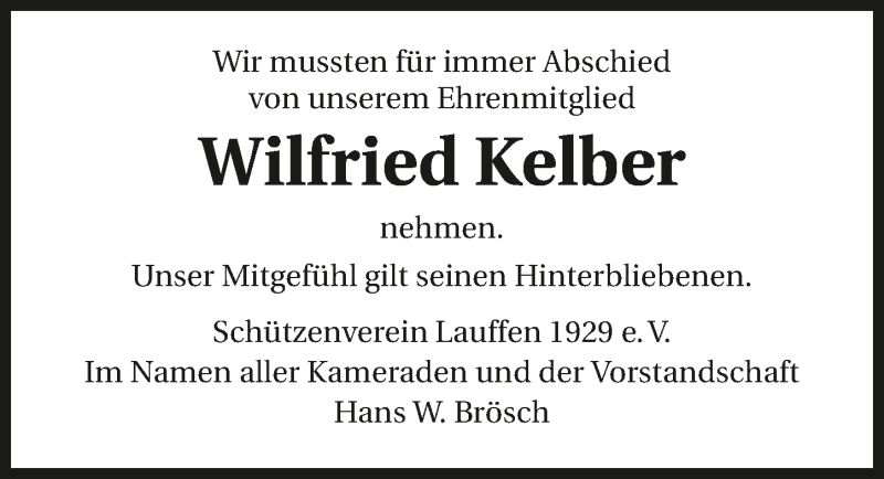  Traueranzeige für Wilfried Kelber vom 31.12.2015 aus 