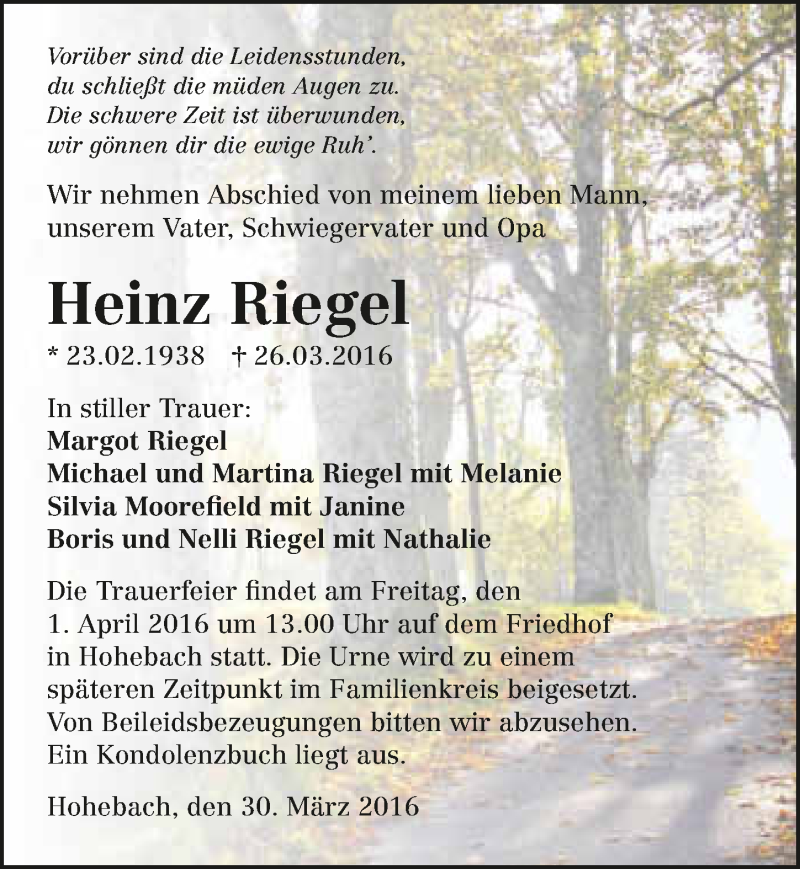  Traueranzeige für Heinz Riegel vom 30.03.2016 aus 