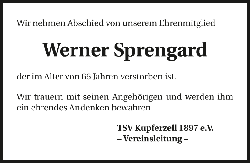  Traueranzeige für Werner Sprengard vom 01.09.2015 aus 