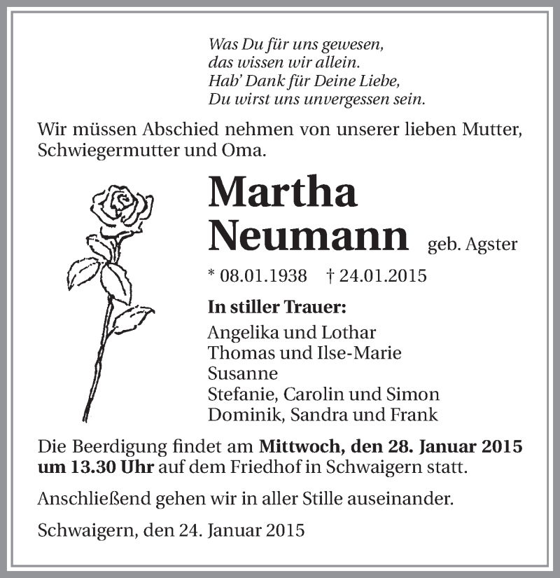  Traueranzeige für Martha Neumann vom 27.01.2015 aus 