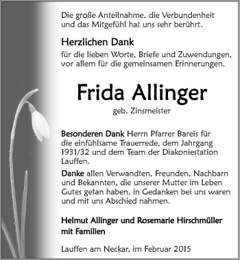 Traueranzeige von Frida Allinger 