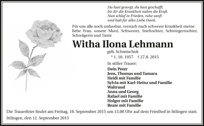  Traueranzeige für Witha Ilona Lehmann vom 12.09.2015 aus 