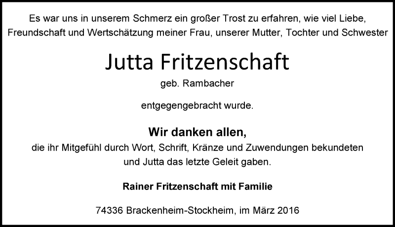  Traueranzeige für Jutta Fritzenschaft vom 18.03.2016 aus 