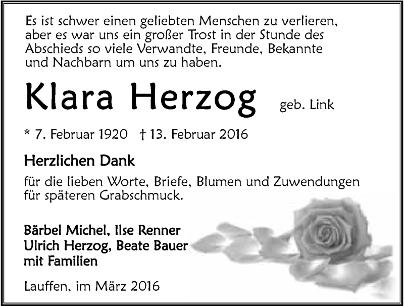  Traueranzeige für Klara Herzog vom 05.03.2016 aus 