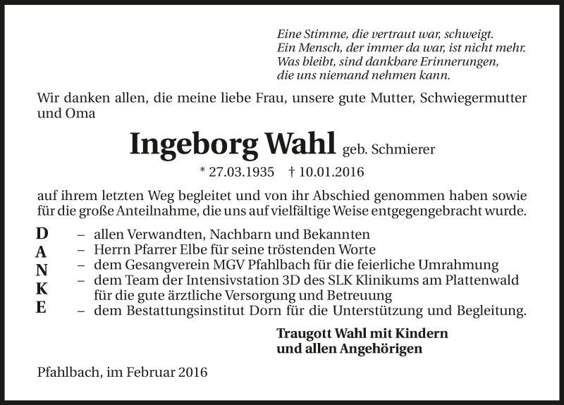  Traueranzeige für Ingeborg Wahl vom 06.02.2016 aus 