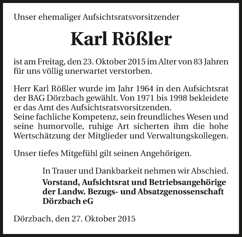  Traueranzeige für Karl Rößler vom 27.10.2015 aus 