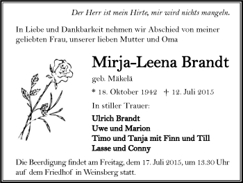 Traueranzeige von Mirja-Leena Brandt 