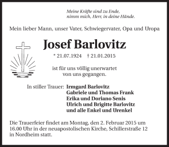 Traueranzeige von Josef Barlovitz 