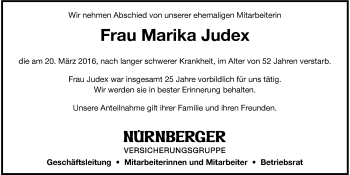 Traueranzeige von Marika Judex 