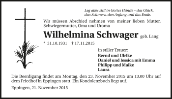 Traueranzeige von Wilhelmina Schwager 