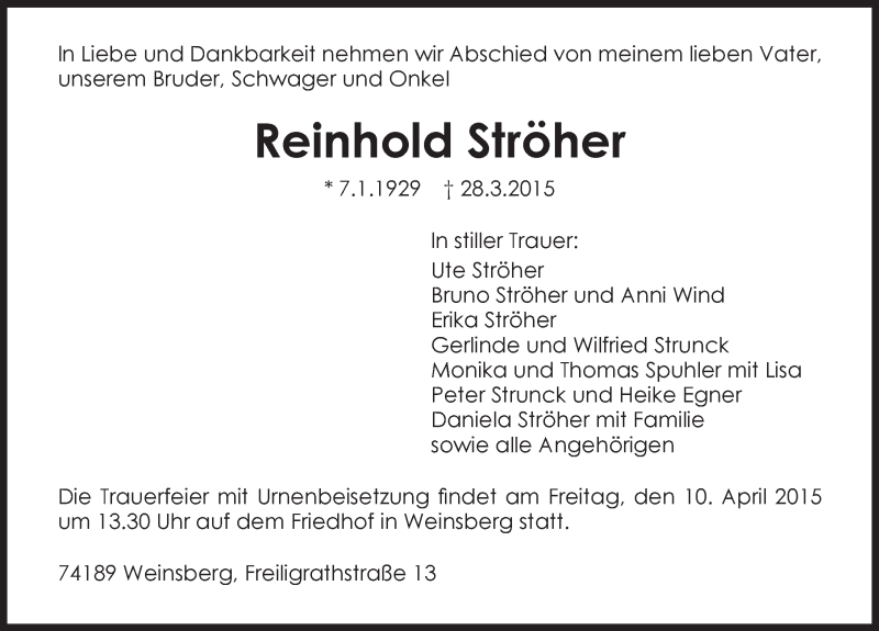  Traueranzeige für Reinhold Ströher vom 09.04.2015 aus 