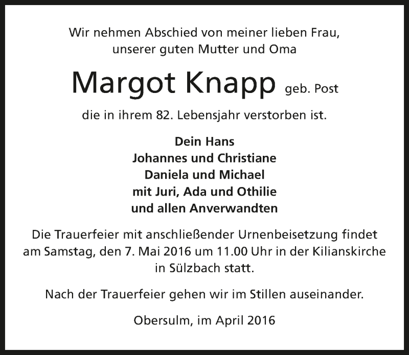  Traueranzeige für Margot Knapp vom 30.04.2016 aus 