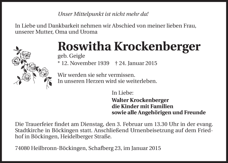  Traueranzeige für Roswitha Krockenberger vom 30.01.2015 aus 